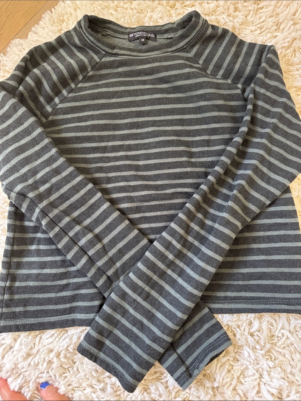 Beyond Yoga Men's Crewneck Sweater in Dark Gray and Light Gray Stripes